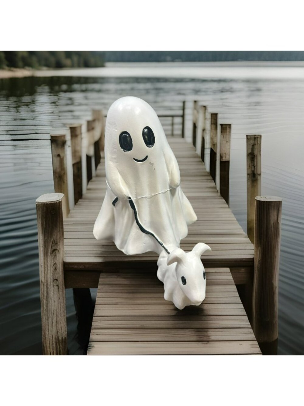 Goblin & Ghoul Ghost Figurine With Dog On Leash White Ceramic Halloween Décor 9"